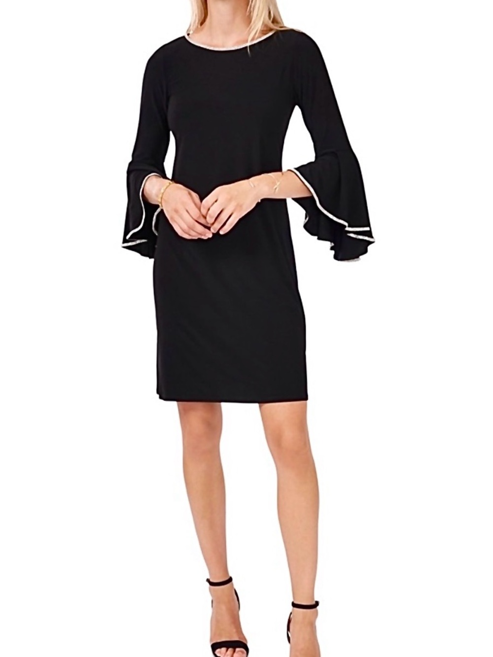 MSK Women’s Black Formal Rhinestone Trim Bell-Sleeve A Line Dress Size L NWOT
